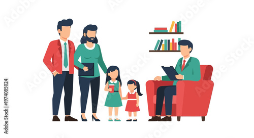 Family therapy session with parents and children talking to a counselor in an office