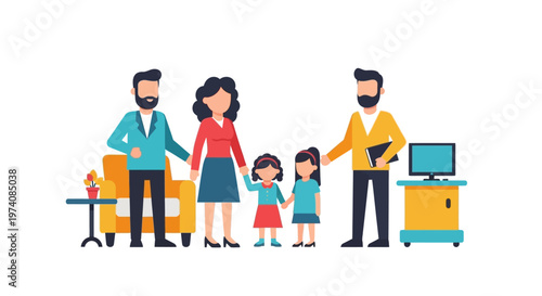 Vector illustration of a modern family with children interacting with a professional, symbolizing social support, guidance, and well-being for parents