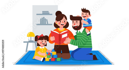 A loving family enjoying a story time together on a colorful rug, with a child on father's shoulders, and building blocks scattered around