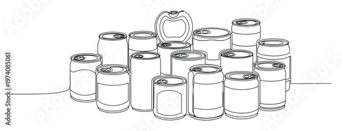 A dynamic array of beverage cans and a handle depicted in a fluid continuous single line drawing providing a modern abstract visual for branding or environmental projects