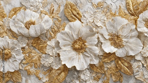 Seamless White and Gold Floral Pattern, Luxury Botanical Wallpaper Design