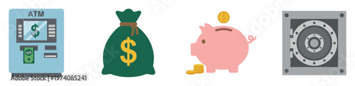 Comprehensive collection of financial service icons for banking, savings, and security needs including ATM, money bag, piggy bank, and vault for various business applications and resource