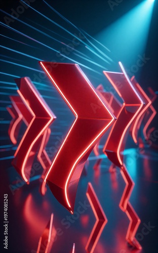 Neon red arrows glow brightly against a cool blue background