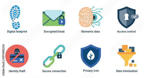 Digital security and data privacy icons illustrating essential concepts including digital footprint, encrypted email, biometric authentication, and identity protection for technology