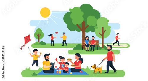 Families and individuals enjoying a beautiful day in the park with various outdoor activities like picnicking, playing, and walking pets under the warm sun