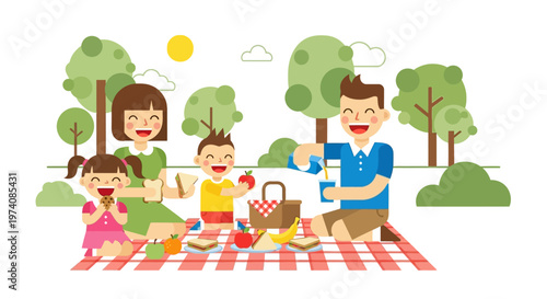 Joyful family enjoying a sunny outdoor picnic day together in a vibrant park setting, creating cherished memories