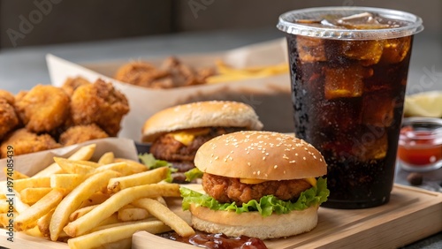 Close view of junk food meal with burger fries ketchup and chilled drink on rustic table background