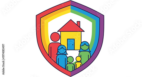 Vibrant Rainbow Shield Icon Symbolizing Family Home Protection, Security, and Inclusivity for Diverse Households and Communities