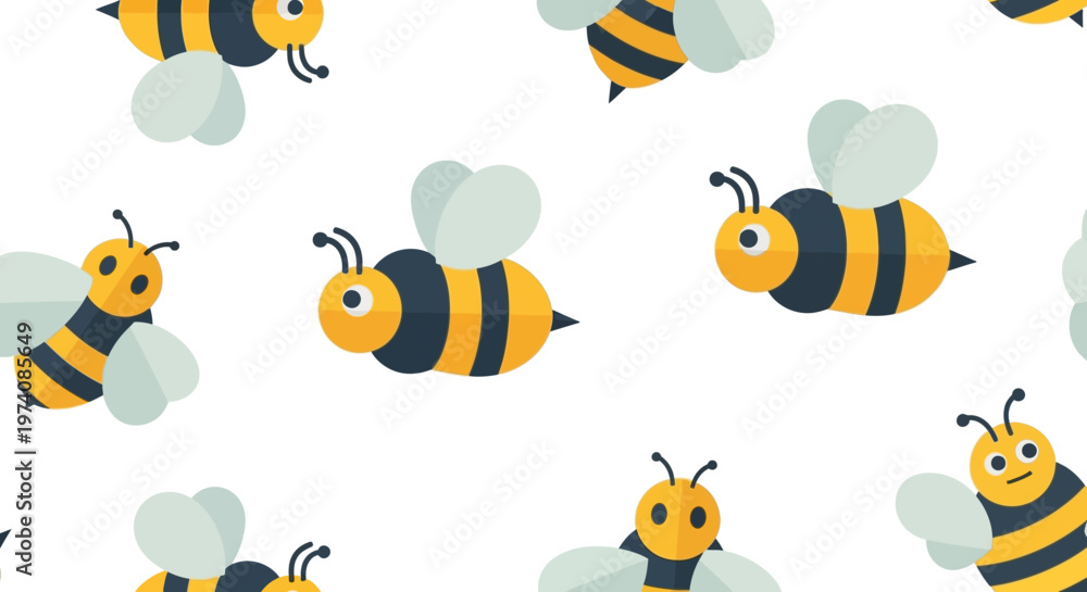 Obraz premium Cute Cartoon Bees Pattern on White Background - Adorable Flying Insect Illustration
