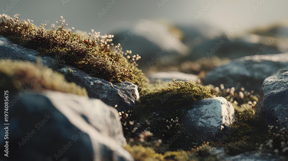 Fototapeta premium Whispers of the Highlands: A close-up view of weathered rocks adorned with verdant moss and delicate wildflowers, evoking the raw beauty and tranquility of a rugged mountain landscape.