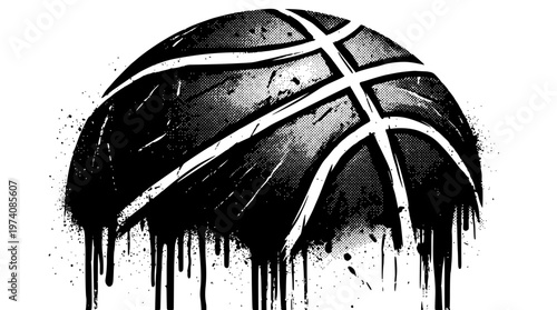 Black and white illustration of a dripping basketball design