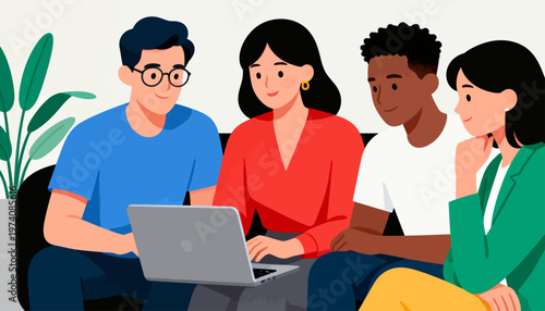Four people sit together, focused on a laptop. They appear engaged, smiling softly, sharing ideas. The scene suggests teamwork, collaboration, or learning. Light, warm tones enhance a friendly