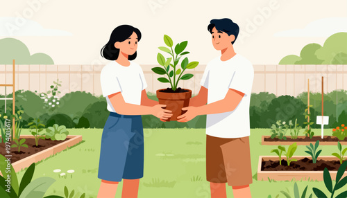 Two people share a young plant together. They smile gently, showing care and joy. The garden behind them is lush and green. Raised beds hold growing vegetables. Soft light suggests a calm, sunny day