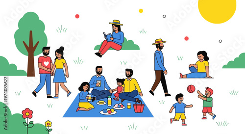 Diverse community enjoying a vibrant outdoor picnic and various leisure activities in a sunny park setting, illustrating togetherness and relaxation