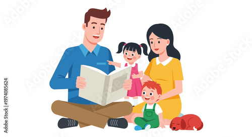 A happy family reading a book together, illustrating togetherness and cherished moments
