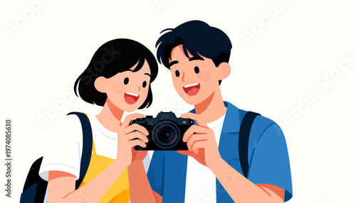 Smiling couple shares joyful moment together. They hold camera, ready to capture memories. Bright, playful expressions reflect happiness. Perfect for travel, adventure, or friendship themes