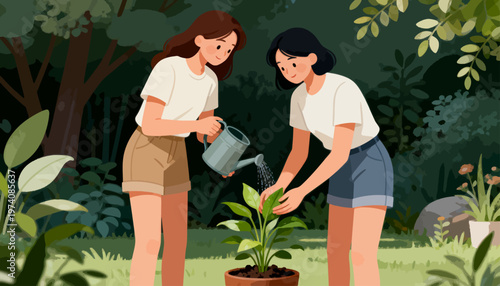 Two girls water a potted plant in a garden. They smile, focused on nurturing the green. Soft sunlight glows through the trees. Lush plants and grass surround them. Ideal for gardening, eco-themed