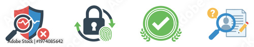 Digital security icons demonstrating threat detection, biometric authentication, verified approval, and identity document review for modern data protection and privacy applications.
