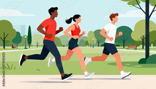 Three people jog through a sunny park. They move with energy and focus. Trees and benches frame the scene. Lush grass and clear skies surround them. Ideal for fitness, wellness