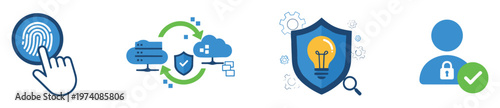 Modern digital security solutions set featuring biometric authentication, cloud data protection, intellectual property safeguarding, and verified user access for technology presentations