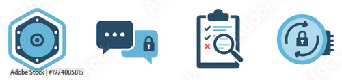 Comprehensive set of cybersecurity and data privacy icons featuring secure communication, system audit, and network protection for technology websites and business presentations.
