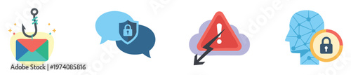Set of essential cybersecurity icons illustrating online phishing scams, secure private messaging, cloud computing vulnerabilities, and artificial intelligence data privacy for modern
