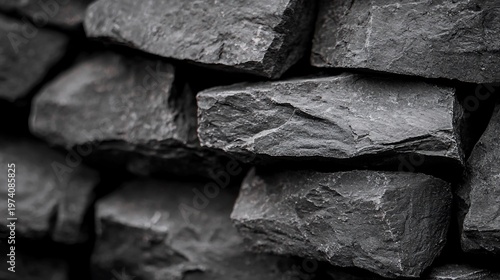 Stacked Dark Gray Rocks with Rough Texture and Shadow Detail.
