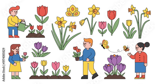 Illustrative collection of happy individuals engaged in various spring gardening activities, cultivating and nurturing a beautiful array of blooming flowers and plants