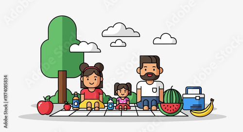 A happy family enjoying a picnic in the park with food and drinks on a sunny day