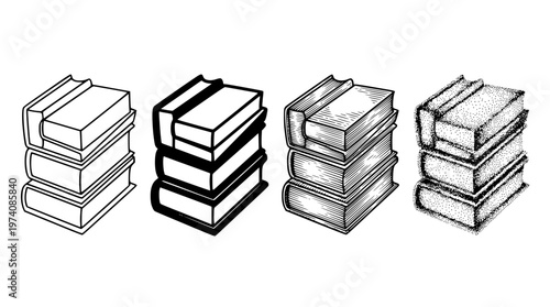 Stacks of books in different illustration styles and techniques shown