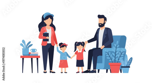 Illustration of a modern family caring parents and two happy daughters enjoying quality time together at home