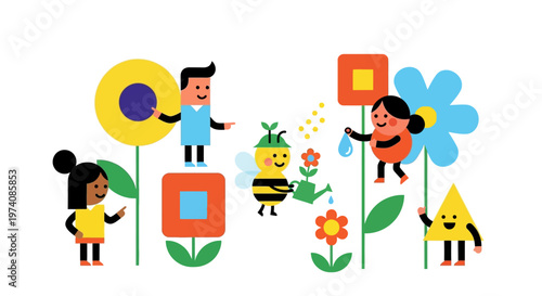 Diverse characters and a bee cheerfully nurture a vibrant garden, illustrating community teamwork, fostering growth, and celebrating joyful nature care