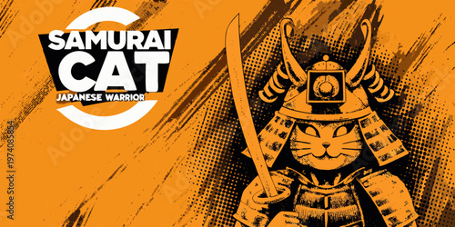 Samurai cat illustration featuring a feline warrior with a katana