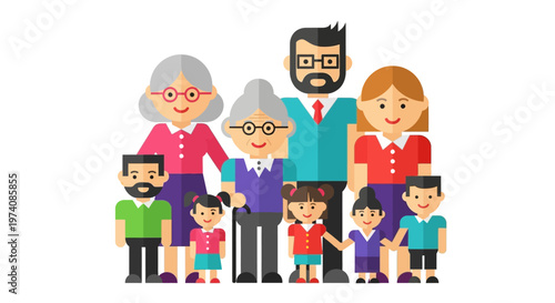 Happy Diverse Family Portrait Grandparents, Parents, and Children United in a Colorful Illustration
