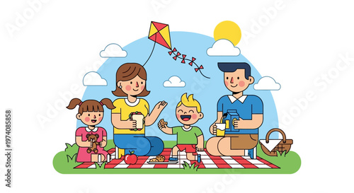 Cheerful Family Picnic Illustration Parents and Kids Enjoying Outdoor Fun, Food, and Kite Flying Under the Sunny Sky