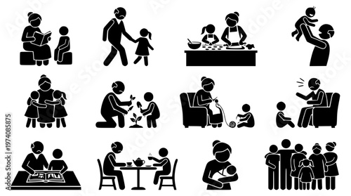 Vector graphic illustration of various family moments and activities