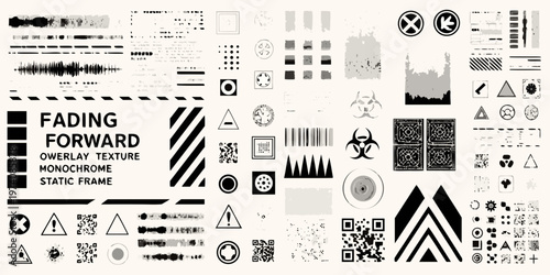 Abstract collection of geometric shapes barcodes and textual elements