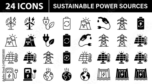Sustainable power sources icons in modern vector graphic design