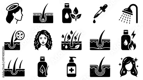 Vector graphic illustration of various hair care icons