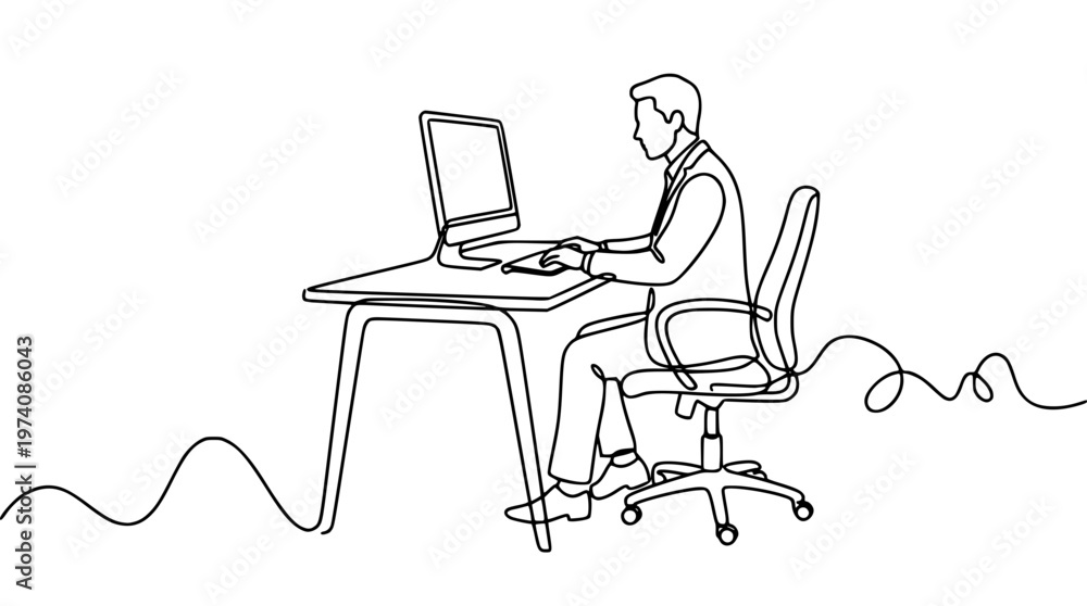 Fototapeta premium Man sitting at desk working on computer vector graphic