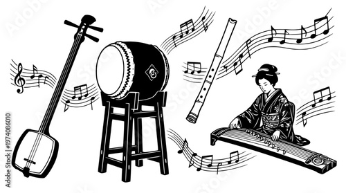 Traditional Japanese woman playing musical instruments with sheet music