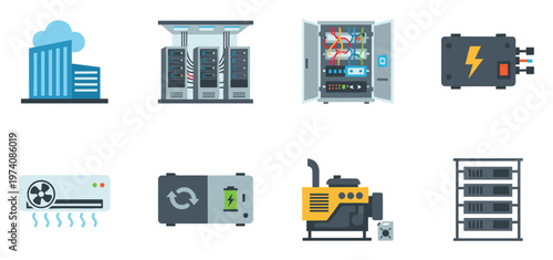 Modern data center infrastructure elements showcasing computing power, network components, power supply, and cooling systems, useful for technology concepts and business presentations.