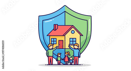 Secure family home protection with shield and loving parents around kids