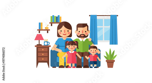 Happy Family with Two Children Sitting on a Cozy Sofa in Their Living Room, Enjoying Quality Time Together in a Vibrant Flat Design Illustration