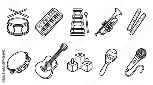 Various musical instruments in a vector graphic illustration