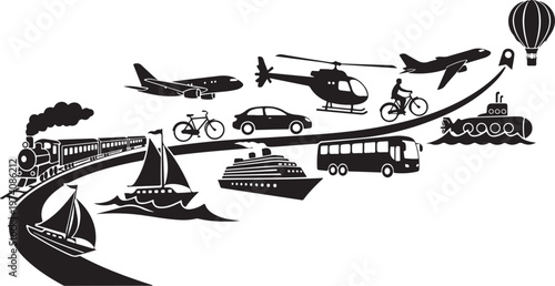 Various Transportation Modes in Black and White Silhouette Style