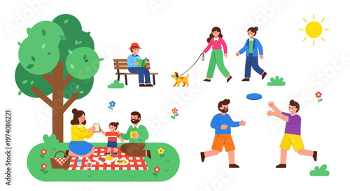 Happy people enjoying various leisure activities in a vibrant park during a sunny summer day. Outdoor recreation concept