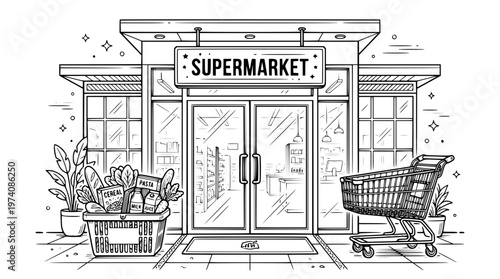 Supermarket entrance with shopping cart and basket of groceries