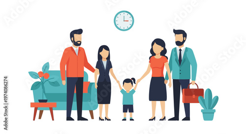 Diverse family standing together in a modern living room with a clock on the wall, illustration