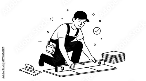 Man installing tiles with a level tool and stack